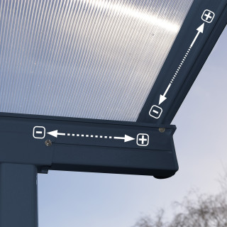 Terrassetak i kun 2,3m dybde. Perfekt til smale verandaer eller balkong.