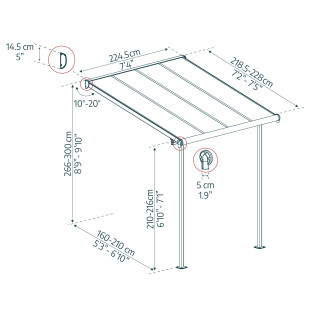 Terrassetak i kun 2,3m dybde. Perfekt til smale verandaer eller balkong.