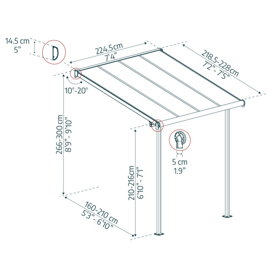 Terrassetak i kun 2,3m dybde. Perfekt til smale verandaer eller balkong.