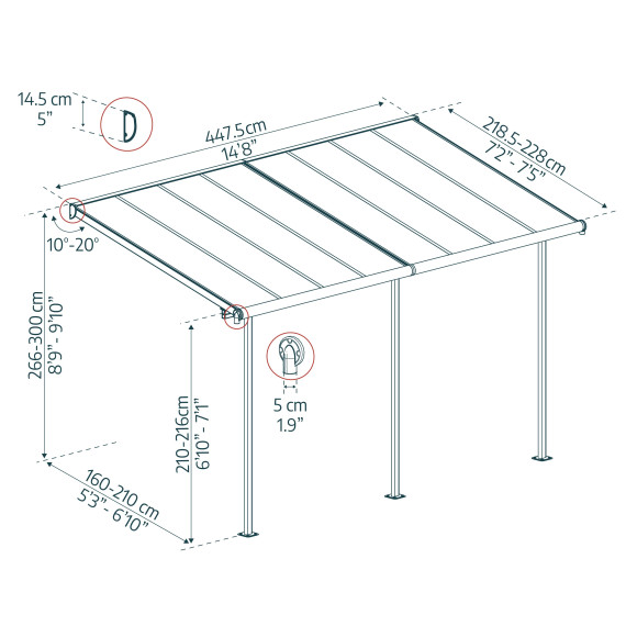 Terrassetak i kun 2,3m dybde. Perfekt til smale verandaer eller balkong.